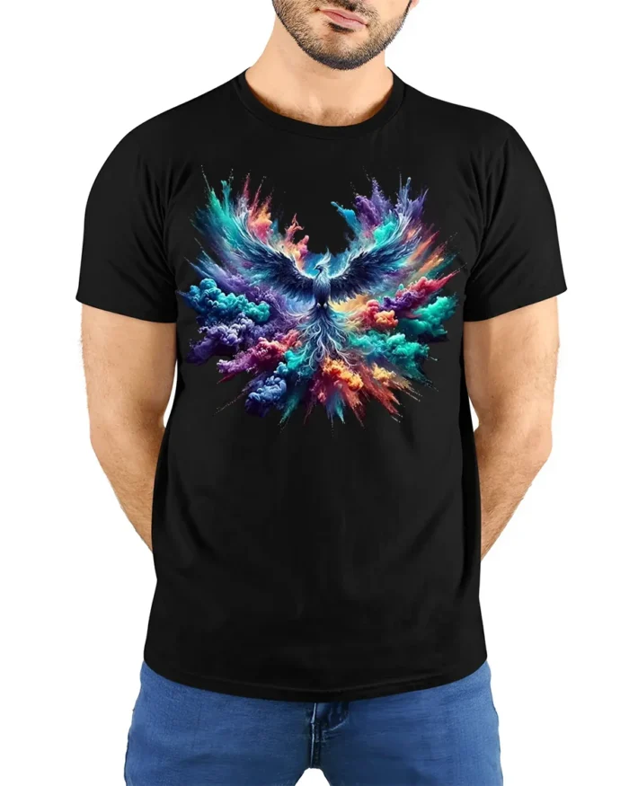 Colorful Phoenix Rising Explosion T-Shirt - model wearing black shirt, hands behind back