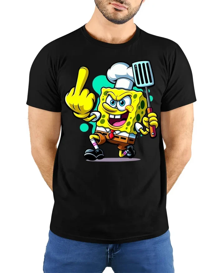 Funny Sponge Chef Cooking Humor T-Shirt - model wearing black shirt, hands behind back