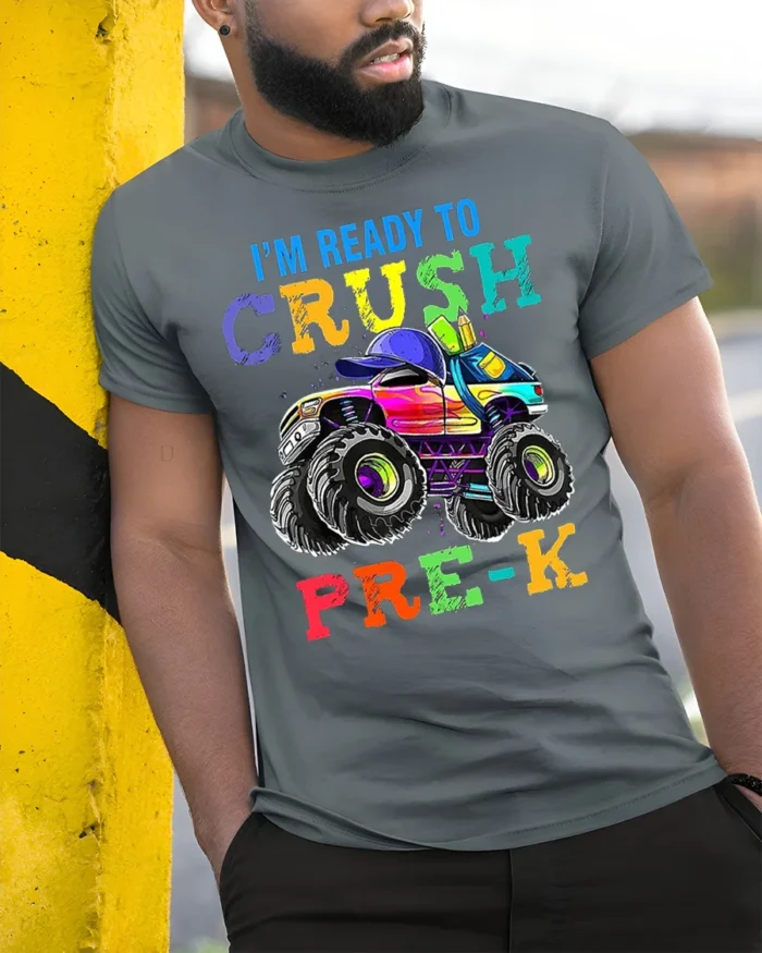 I’m Ready To Crush Pre-K Monster Truck T-Shirt - model in grey shirt leaning against column