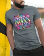 Neon Graffiti Boss Street Style T-Shirt - model in grey shirt leaning against column