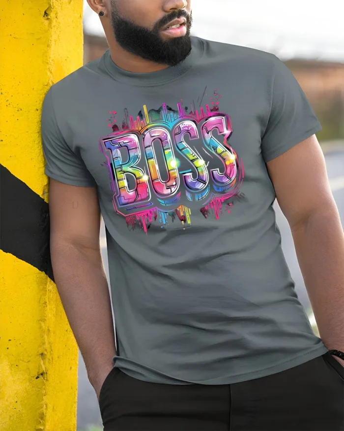 Neon Graffiti Boss Street Style T-Shirt - model in grey shirt leaning against column
