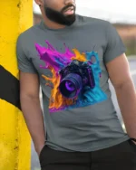 Color Splash Camera Photography Graphic T-Shirt - model in grey shirt leaning against column