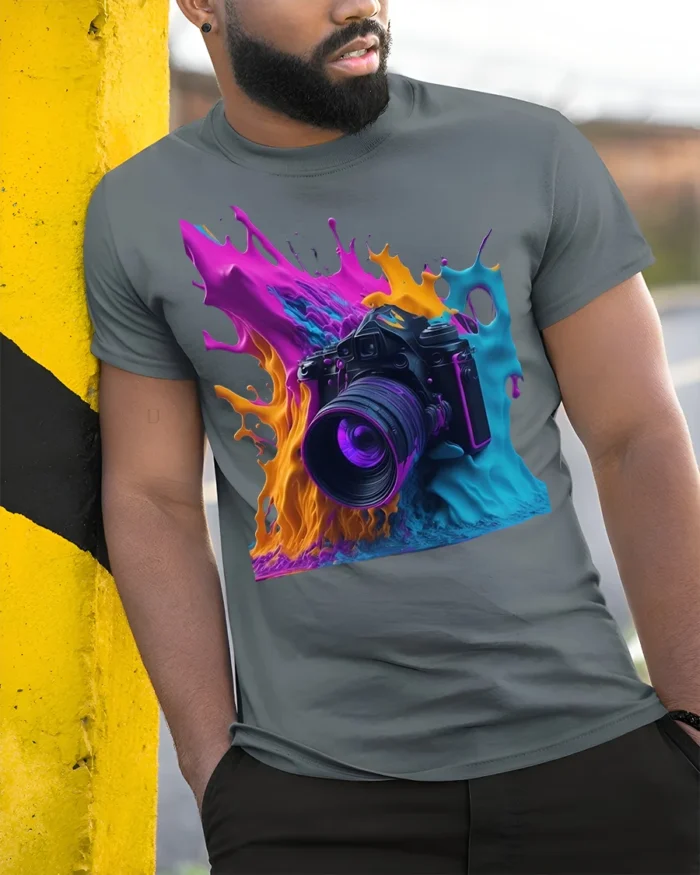 Color Splash Camera Photography Graphic T-Shirt - model in grey shirt leaning against column