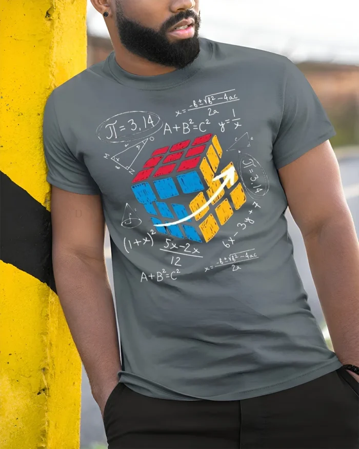 Math Equations Rubik Cube Puzzle T-Shirt - model in grey shirt leaning against column