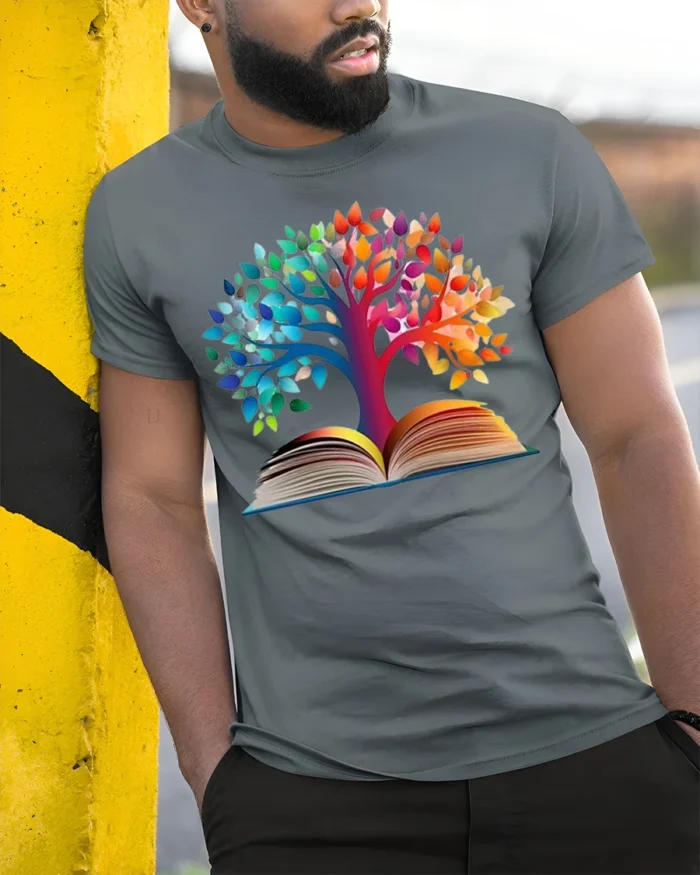 Colorful Tree of Knowledge Book T-Shirt - model in grey shirt leaning against column