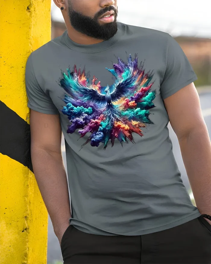 Colorful Phoenix Rising Explosion T-Shirt - model in grey shirt leaning against column