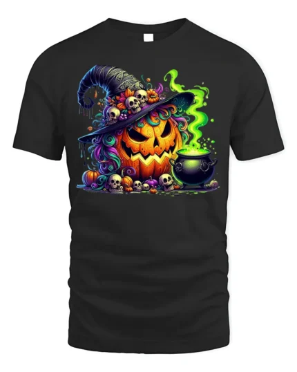 Halloween Pumpkin Witch Hat T-Shirt Spooky Cauldron - black t-shirt on white background