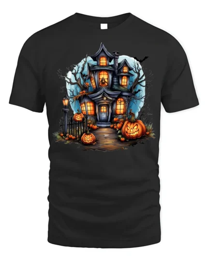 Halloween Haunted House T-Shirt with Pumpkin Path - black t-shirt on white background