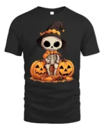 Halloween Cute Skeleton T-Shirt with Pumpkin Duo - black t-shirt on white background