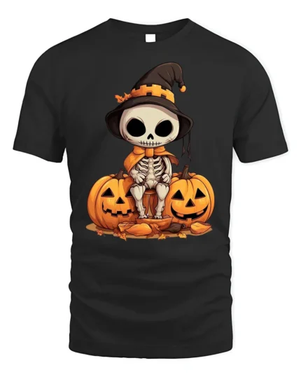 Halloween Cute Skeleton T-Shirt with Pumpkin Duo - black t-shirt on white background