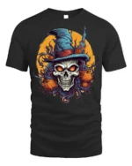 Halloween Skull Witch T-Shirt with Pumpkins and Moon - black t-shirt on white background