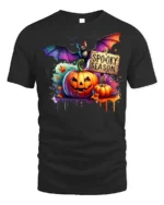 Halloween Spooky Season T-Shirt with Pumpkin Bat - black t-shirt on white background