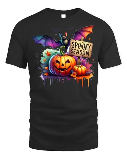 Halloween Spooky Season T-Shirt with Pumpkin Bat - black t-shirt on white background