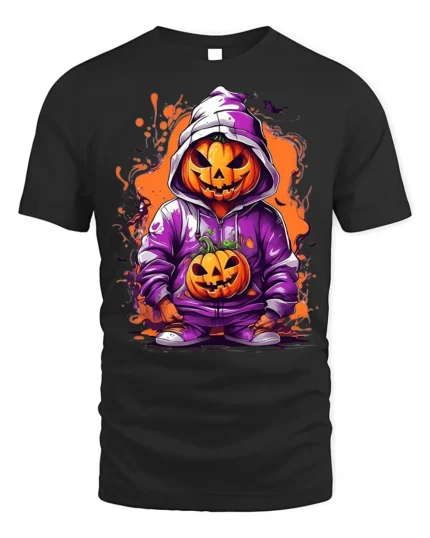 Halloween Pumpkin Hoodie T-Shirt Cool Spooky Style - black t-shirt on white background