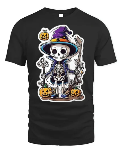 Halloween Skeleton Wizard T-Shirt with Pumpkin Magic - black t-shirt on white background