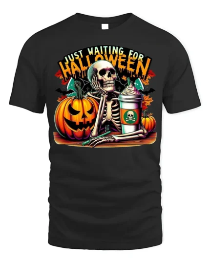 Halloween Skeleton T-Shirt Just Waiting Pumpkin Cup - black t-shirt on white background