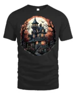 Halloween Haunted Mansion T-Shirt Spooky Moon Night - black t-shirt on white background