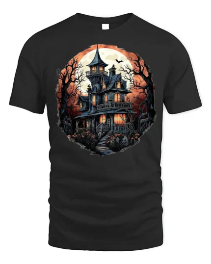 Halloween Haunted Mansion T-Shirt Spooky Moon Night - black t-shirt on white background