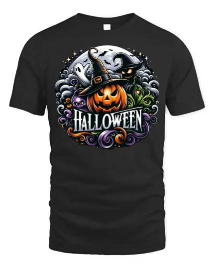 Halloween Pumpkin Witch T-Shirt Spooky Ghost Design - black t-shirt on white background