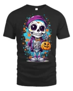 Halloween Cute Skeleton T-Shirt with Pumpkin Bag - black t-shirt on white background