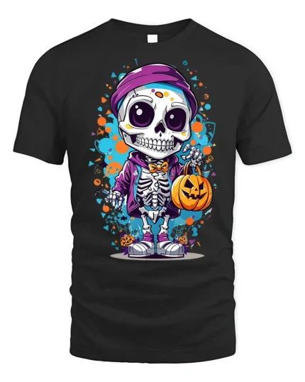 Halloween Cute Skeleton T-Shirt with Pumpkin Bag - black t-shirt on white background