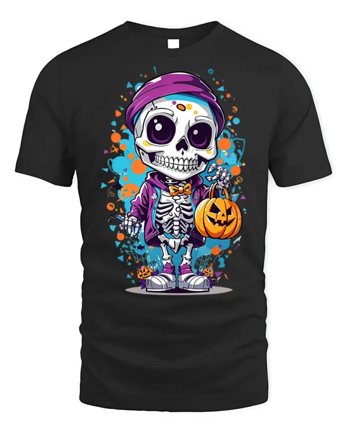 Halloween Cute Skeleton T-Shirt with Pumpkin Bag - black t-shirt on white background