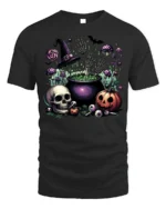 Halloween Skull Pumpkin Cauldron T-Shirt Creepy Fun - black t-shirt on white background