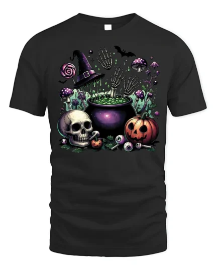 Halloween Skull Pumpkin Cauldron T-Shirt Creepy Fun - black t-shirt on white background
