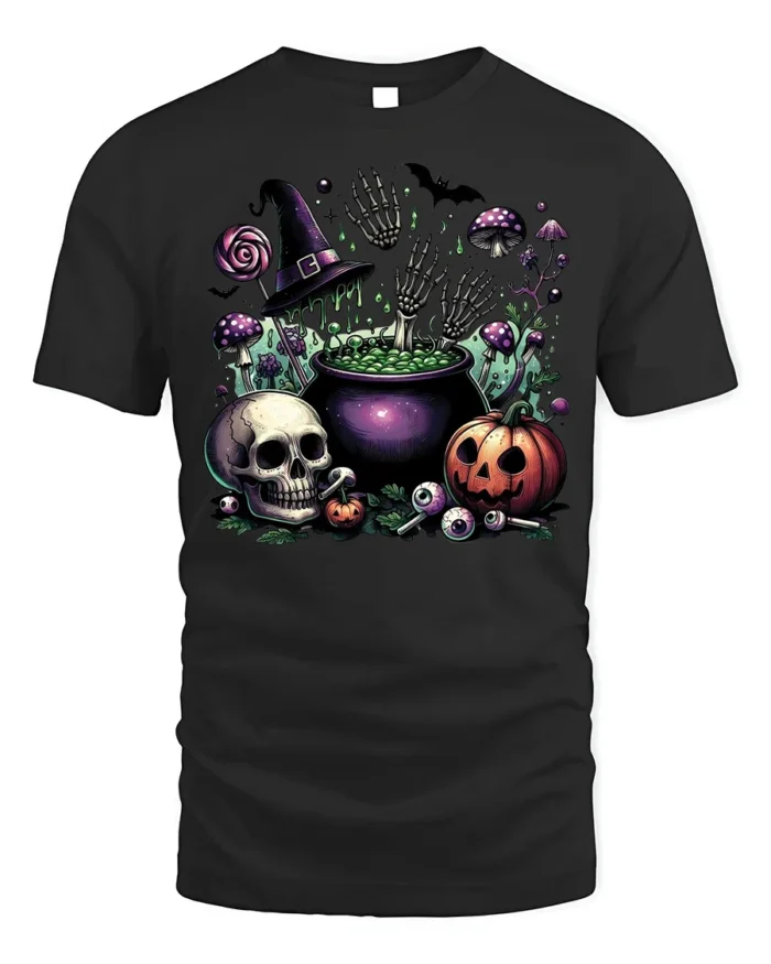 Halloween Skull Pumpkin Cauldron T-Shirt Creepy Fun - black t-shirt on white background