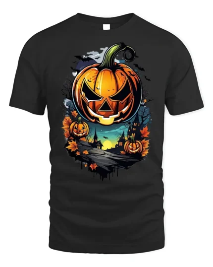 Halloween Jack O Lantern T-Shirt Haunted Night Scene - black t-shirt on white background