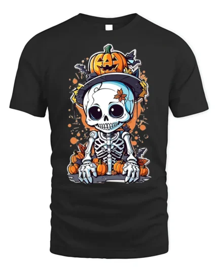 Halloween Cute Skeleton Pumpkin T-Shirt Spooky Fun - black t-shirt on white background