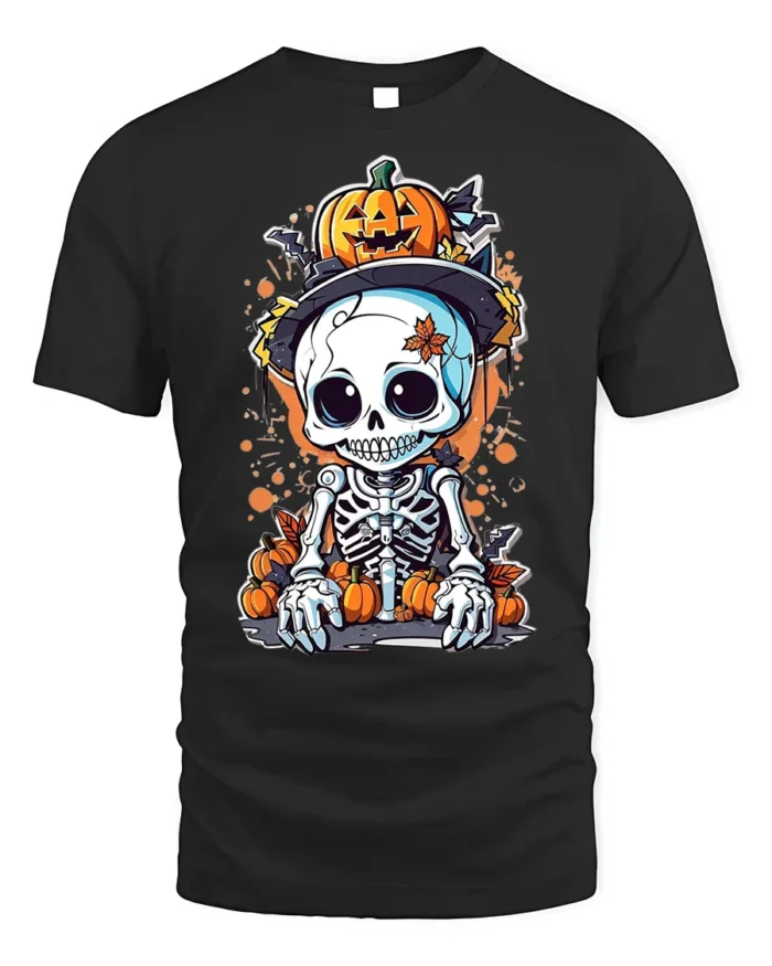 Halloween Cute Skeleton Pumpkin T-Shirt Spooky Fun - black t-shirt on white background
