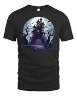 Halloween Haunted House T-Shirt Spooky Night Scene - black t-shirt on white background