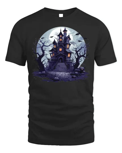 Halloween Haunted House T-Shirt Spooky Night Scene - black t-shirt on white background