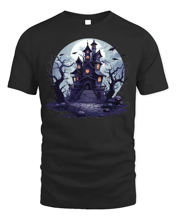 Halloween Haunted House T-Shirt Spooky Night Scene - black t-shirt on white background