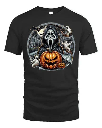 Halloween Ghost Face Pumpkin T-Shirt Scary Night - black t-shirt on white background