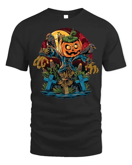 Halloween Scarecrow Pumpkin T-Shirt Creepy Graveyard - black t-shirt on white background