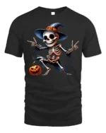 Halloween Dancing Skeleton T-Shirt Funny Pumpkin Hat - black t-shirt on white background