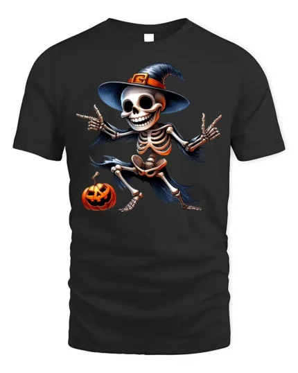 Halloween Dancing Skeleton T-Shirt Funny Pumpkin Hat - black t-shirt on white background