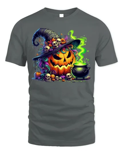 Halloween Pumpkin Witch Hat T-Shirt Spooky Cauldron - gray t-shirt on white background