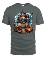 Halloween Haunted House T-Shirt with Pumpkin Path - gray t-shirt on white background
