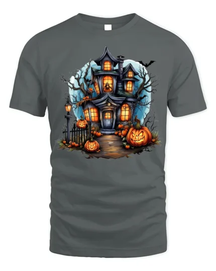 Halloween Haunted House T-Shirt with Pumpkin Path - gray t-shirt on white background