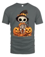 Halloween Cute Skeleton T-Shirt with Pumpkin Duo - gray t-shirt on white background