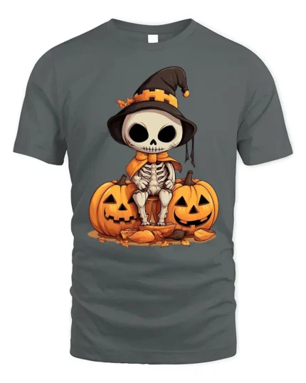 Halloween Cute Skeleton T-Shirt with Pumpkin Duo - gray t-shirt on white background