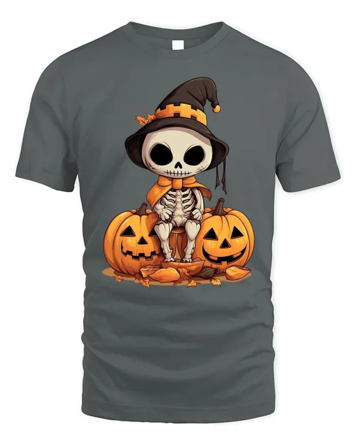 Halloween Cute Skeleton T-Shirt with Pumpkin Duo - gray t-shirt on white background