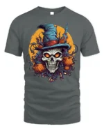 Halloween Skull Witch T-Shirt with Pumpkins and Moon - gray t-shirt on white background