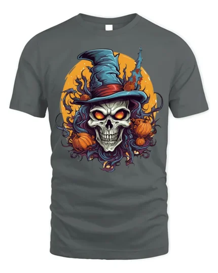 Halloween Skull Witch T-Shirt with Pumpkins and Moon - gray t-shirt on white background