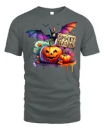 Halloween Spooky Season T-Shirt with Pumpkin Bat - gray t-shirt on white background