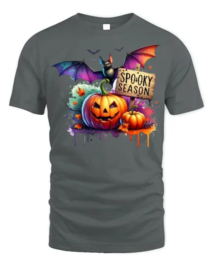 Halloween Spooky Season T-Shirt with Pumpkin Bat - gray t-shirt on white background