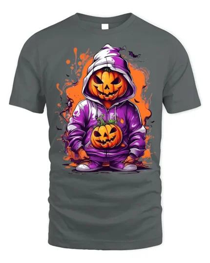 Halloween Pumpkin Hoodie T-Shirt Cool Spooky Style - gray t-shirt on white background